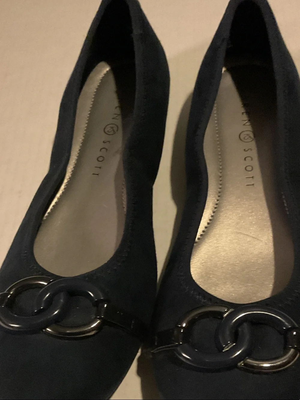 Karen Scott Dark Navy Suede Ballet Flats with Linked Metal Accent
